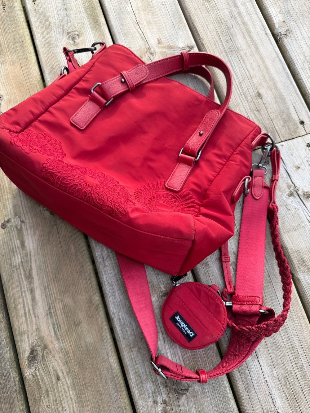 Desigual Red Embroidered Nylon Tote Bag Crossbody Purse Convertible - Picture 16 of 16